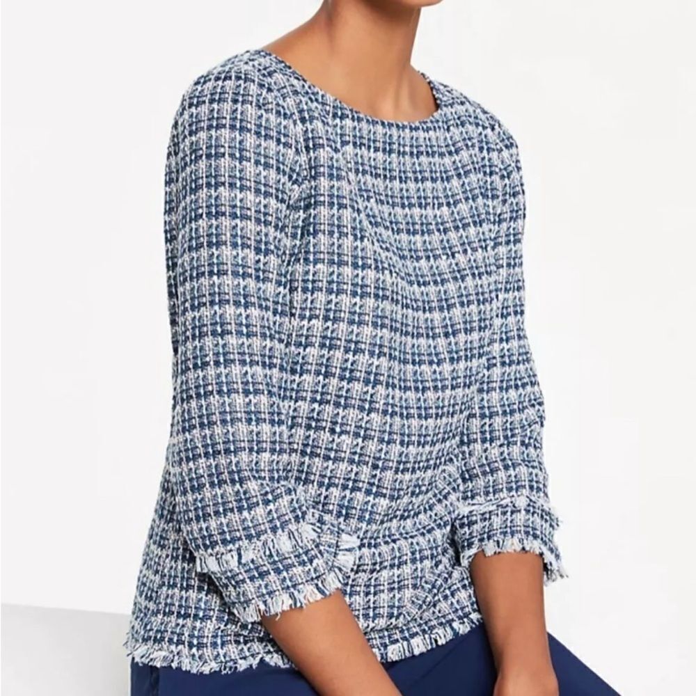 Ann Taylor Top Size 8 Blue Tweed Fringe Boatneck Pullover New with Tags 98.00